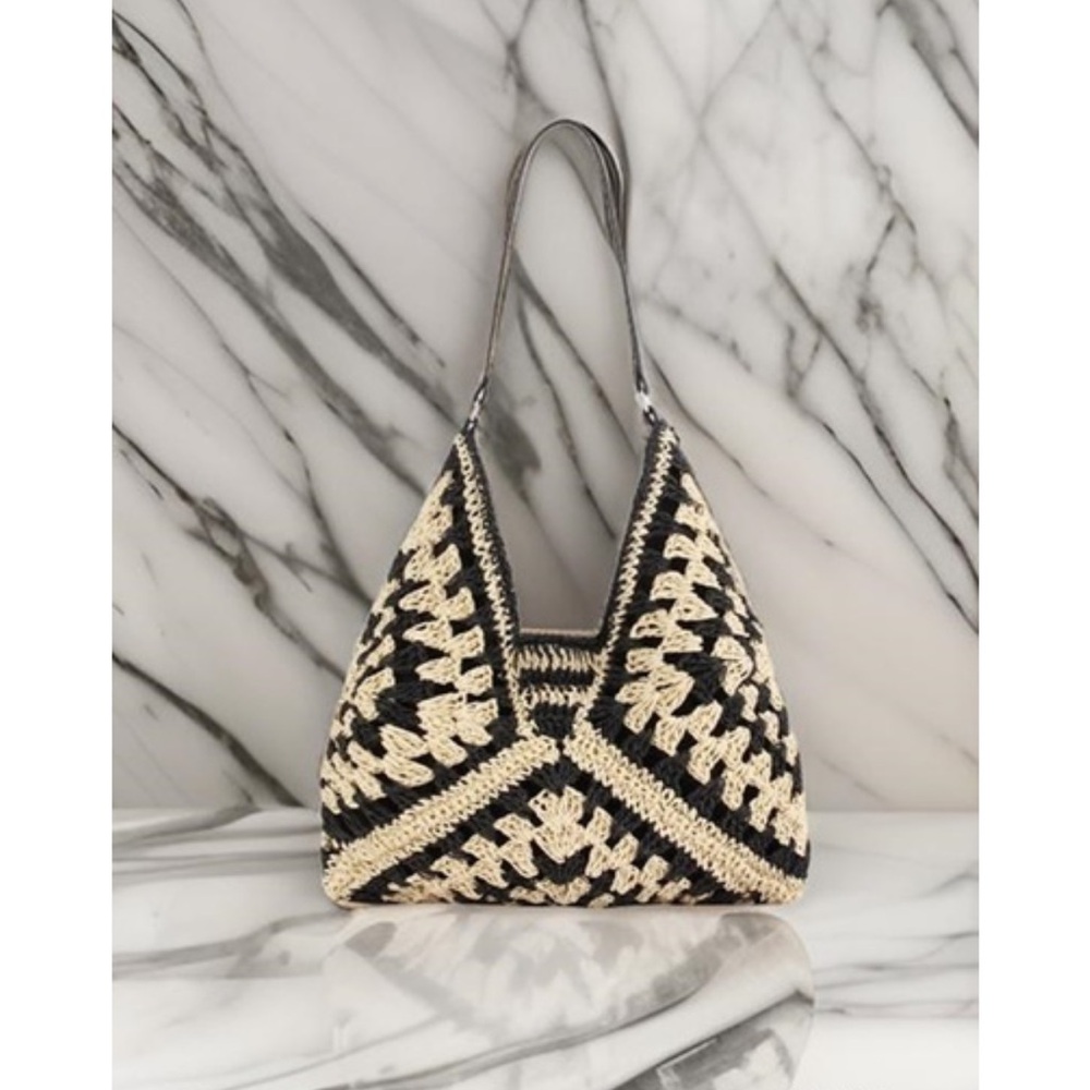 The “Solstice” Woven Crochet Straw Hobo Bag | Black - Picture 4 of 9